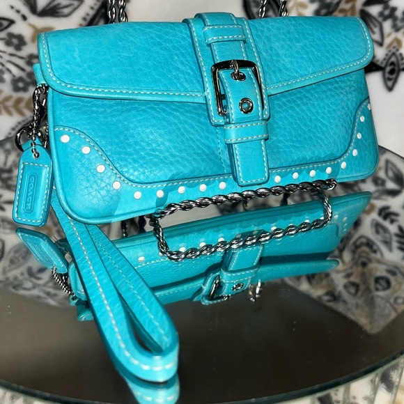 Coach Women’s Leather Buckle Flap Wristlet, Blue - Picture 1 of 16